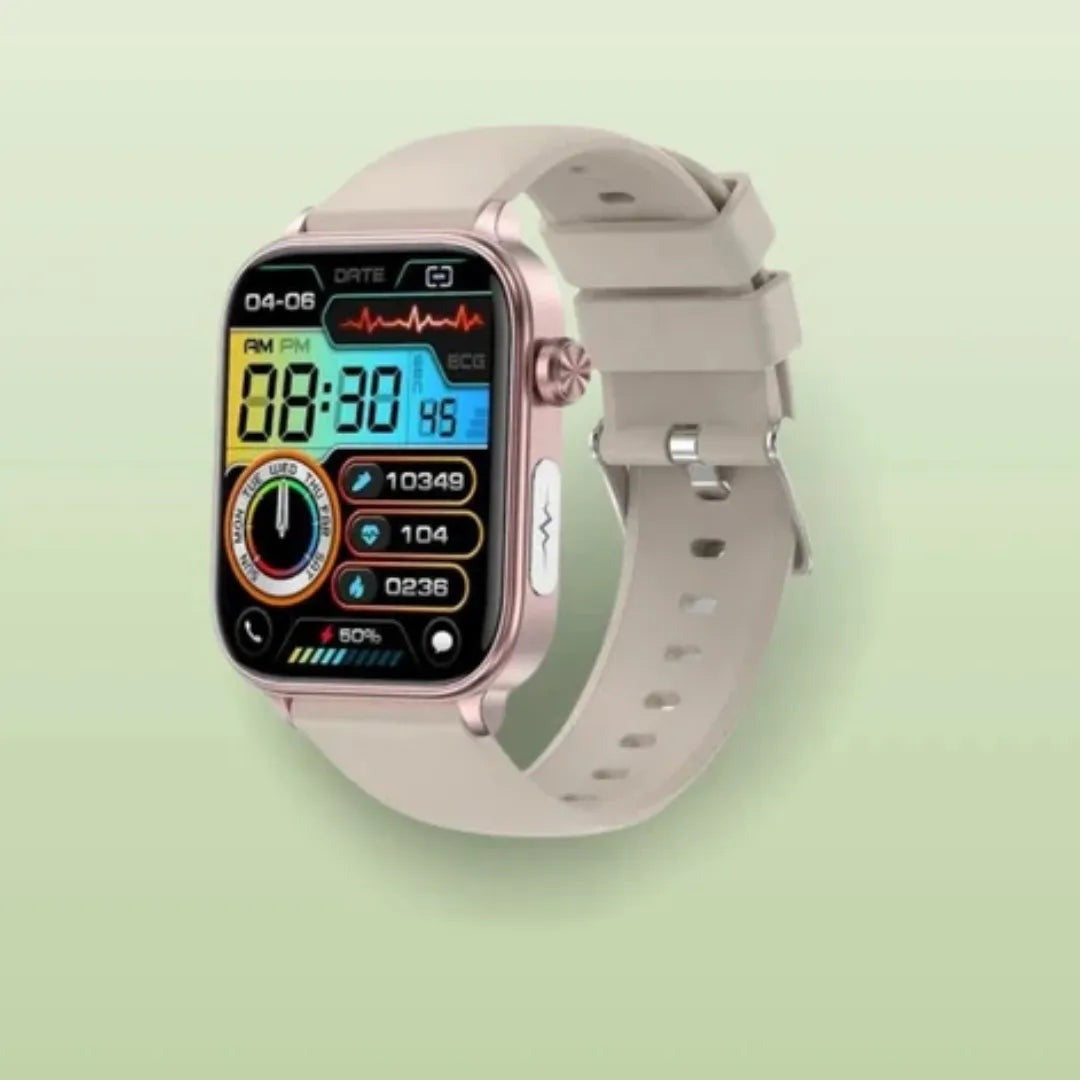 Smartwatch with an SOS button, large colour display and beige strap