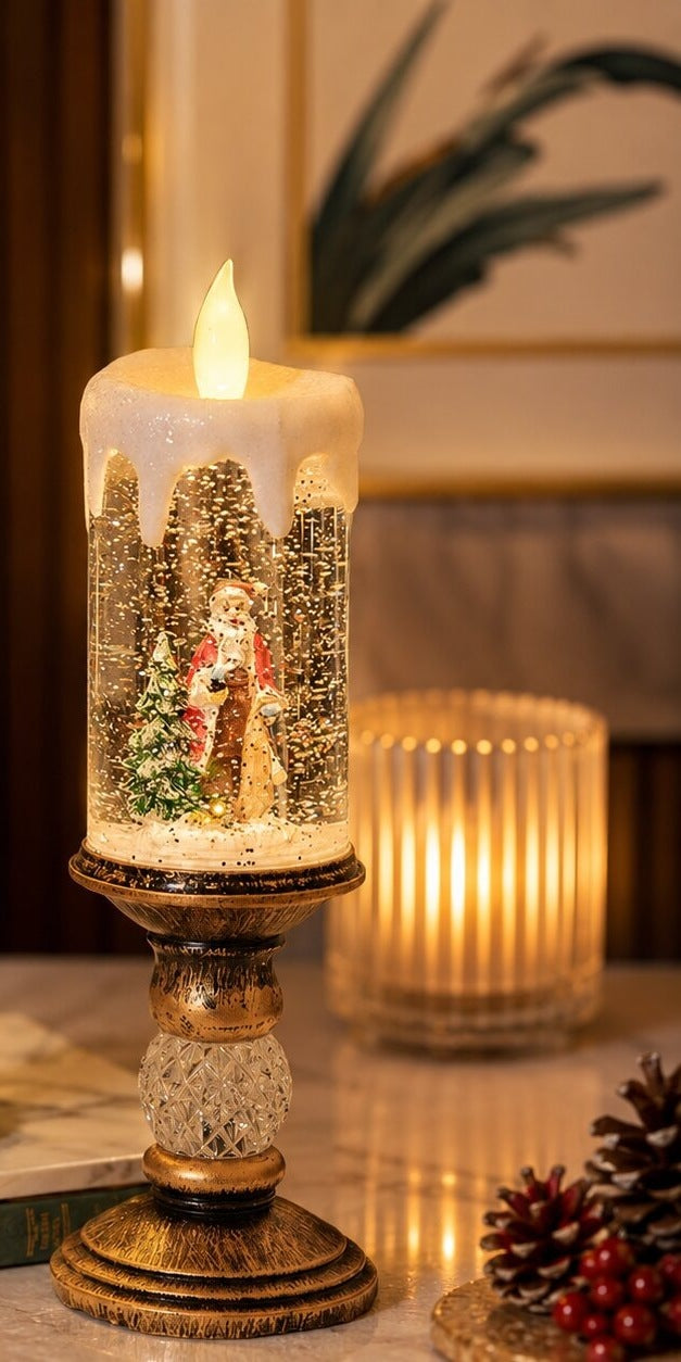 Snow globe candle with an LED flame and Santa on a tall stand - view 2