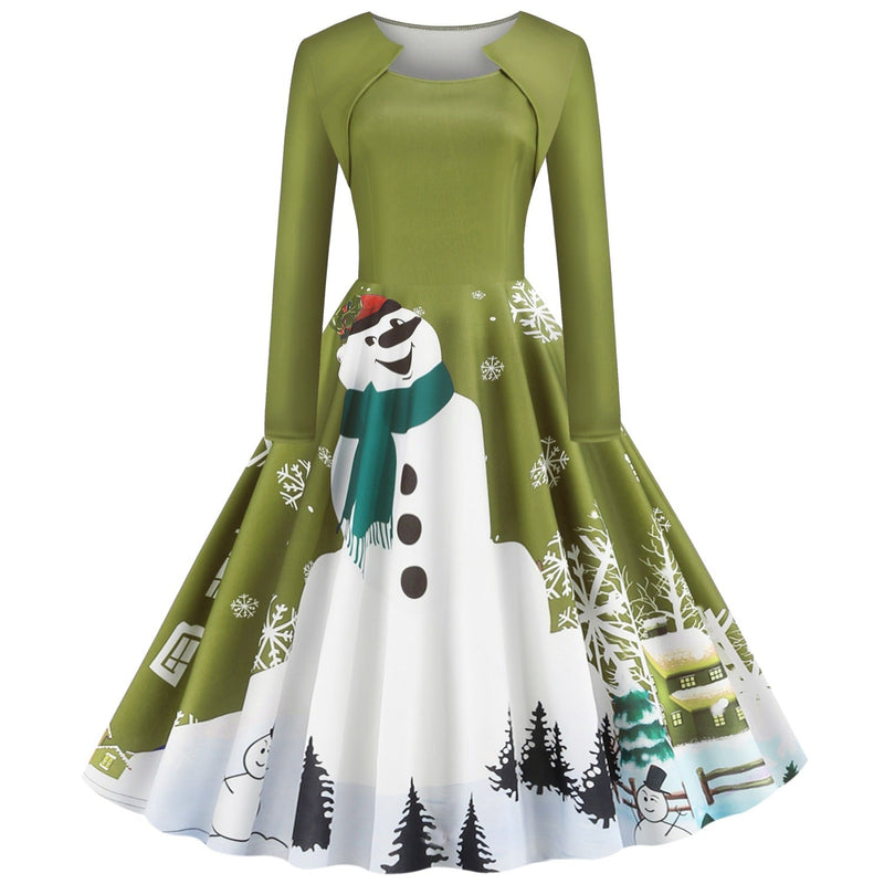 Women's Christmas dress with a large snowman print and mock-bolero bodice - olive snowman