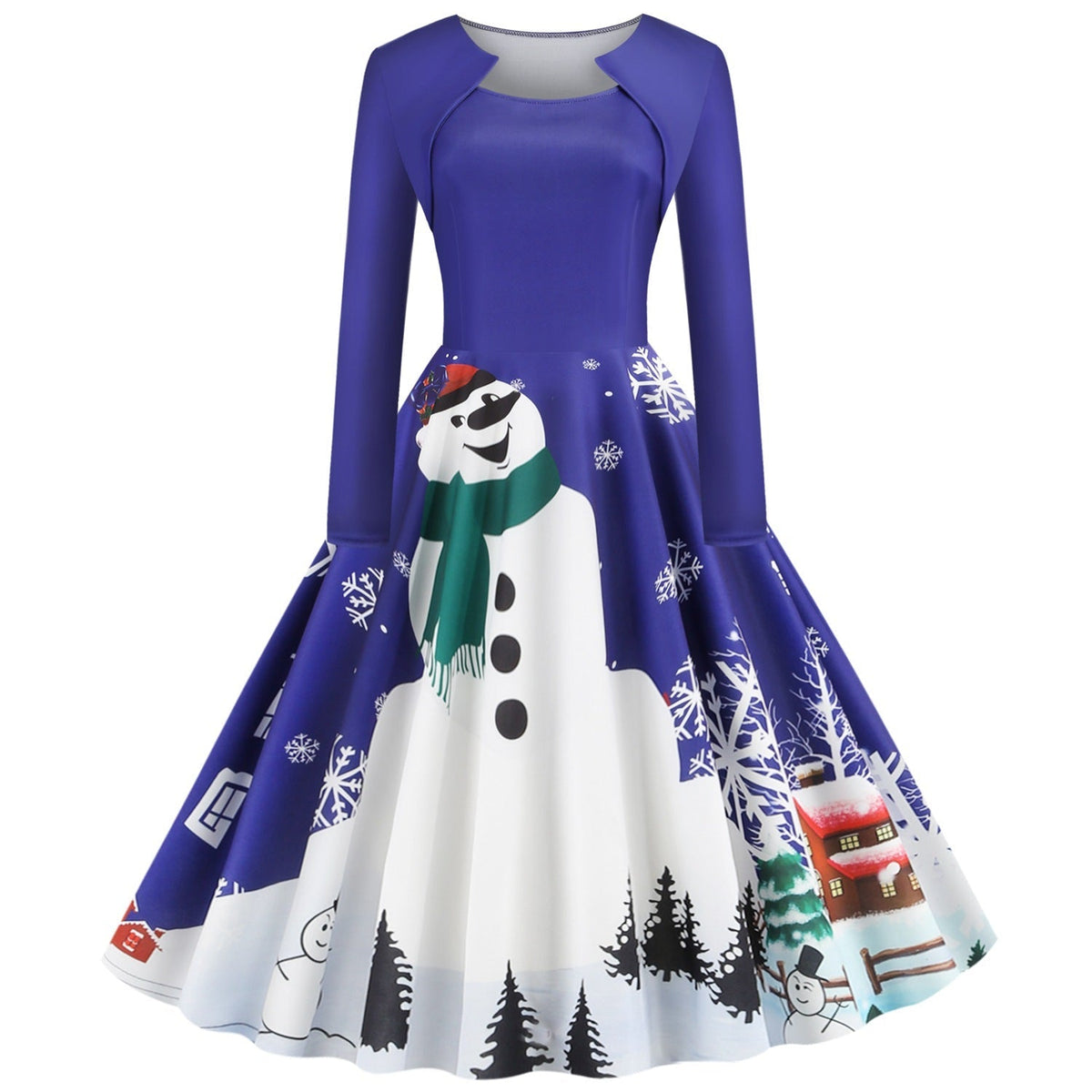 Women's Christmas dress with a large snowman print and mock-bolero bodice - cobalt snowman
