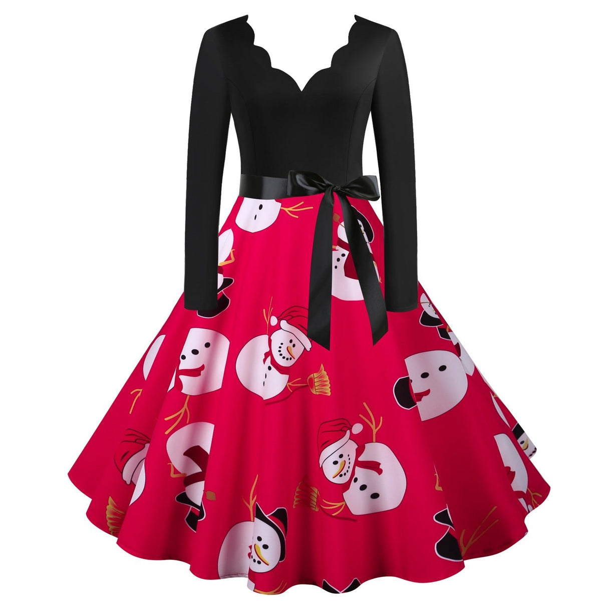 Women's Christmas swing dress with scalloped V-neck and red snowman-print skirt