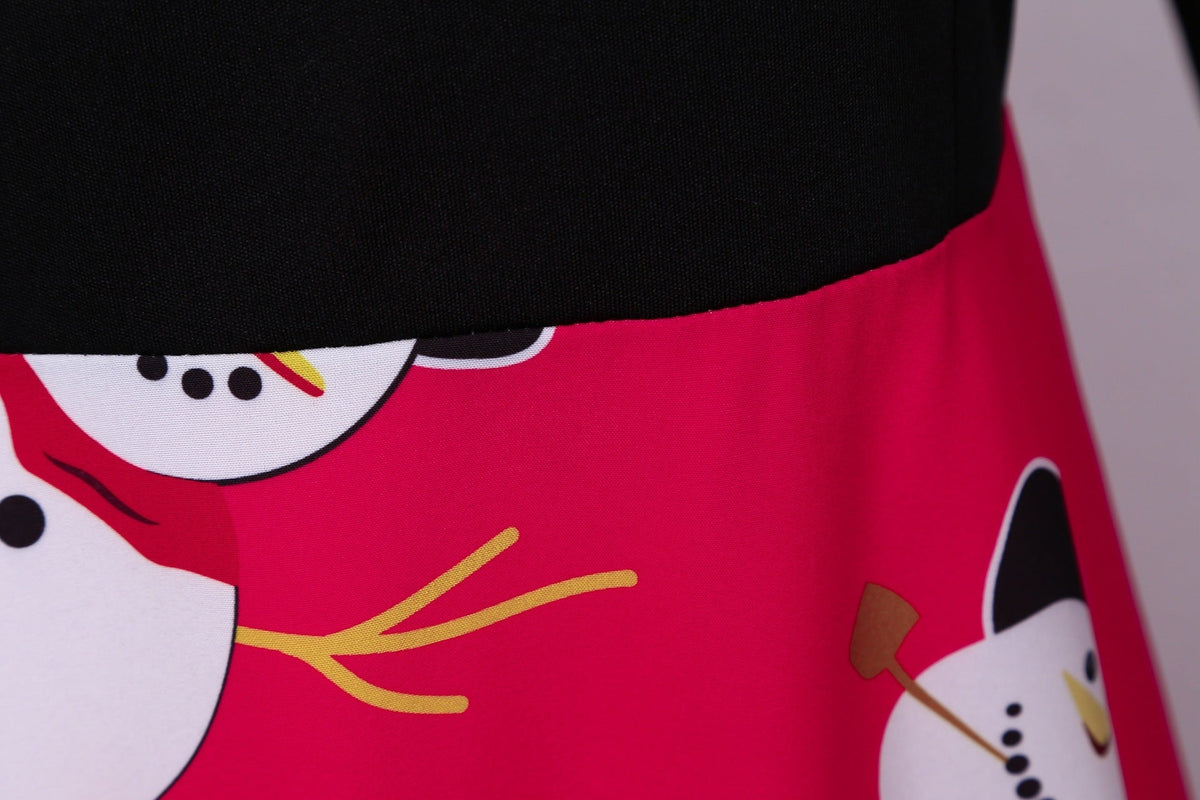 Women's Christmas swing dress with scalloped V-neck and red snowman-print skirt
