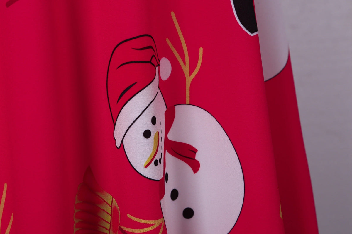 Women's Christmas swing dress with scalloped V-neck and red snowman-print skirt