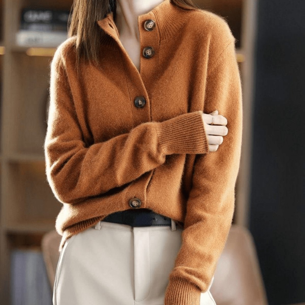 Women's soft knit cardigan with a convertible collar and brown buttons - rust