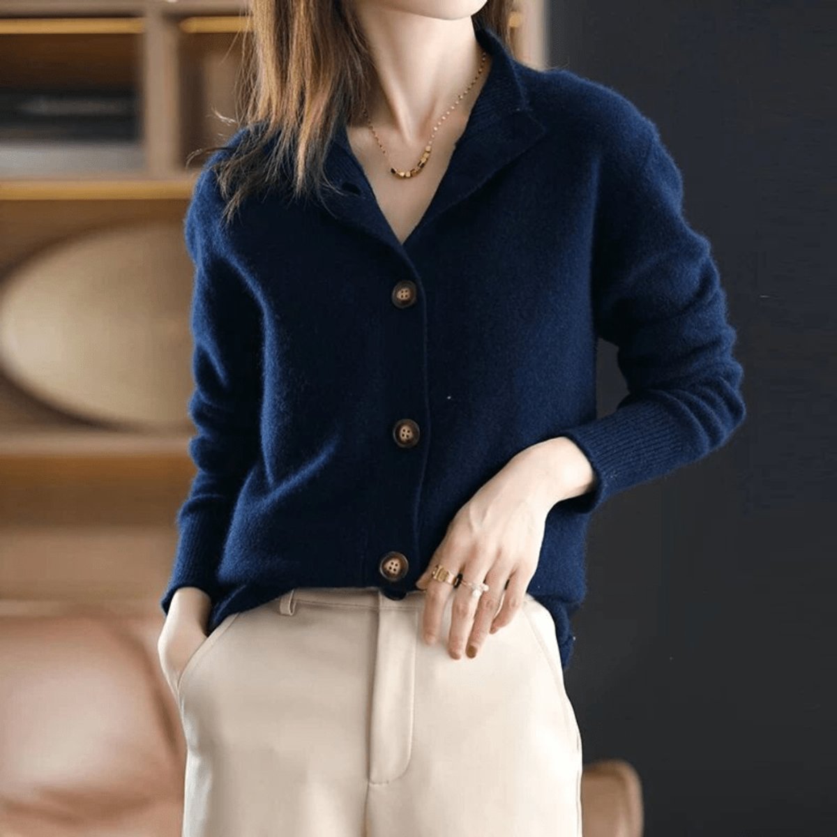 Women's soft knit cardigan with a convertible collar and brown buttons - navy