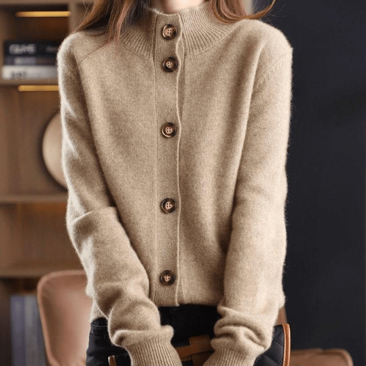 Women's soft knit cardigan with a convertible collar and brown buttons
