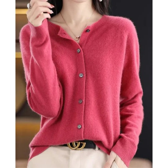 Women's soft knit cardigan with a crew neck and button front - raspberry
