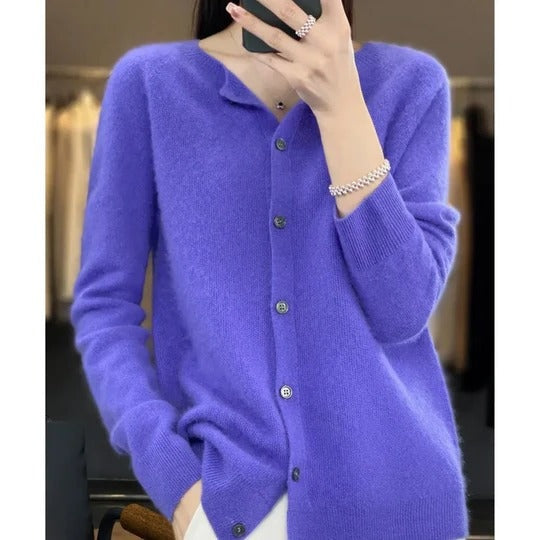 Women's soft knit cardigan with a crew neck and button front - cobalt blue