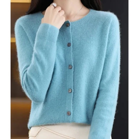 Women's soft knit cardigan with a crew neck and button front - light blue