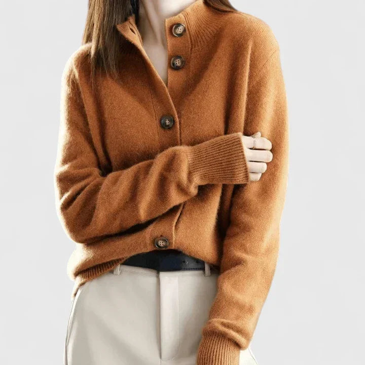 Women's soft knit cardigan with a revere collar and button front - caramel