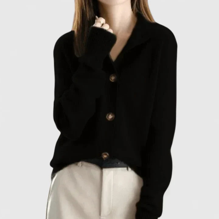 Women's soft knit cardigan with a revere collar and button front - black