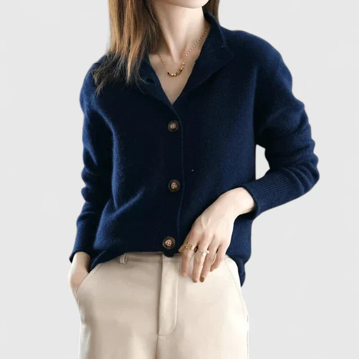 Women's soft knit cardigan with a revere collar and button front - navy