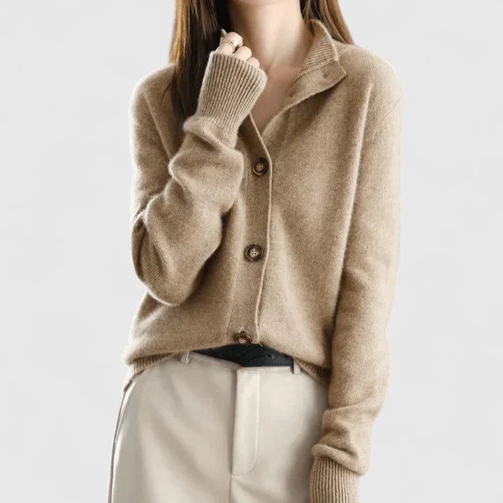 Women's soft knit cardigan with a revere collar and button front - beige