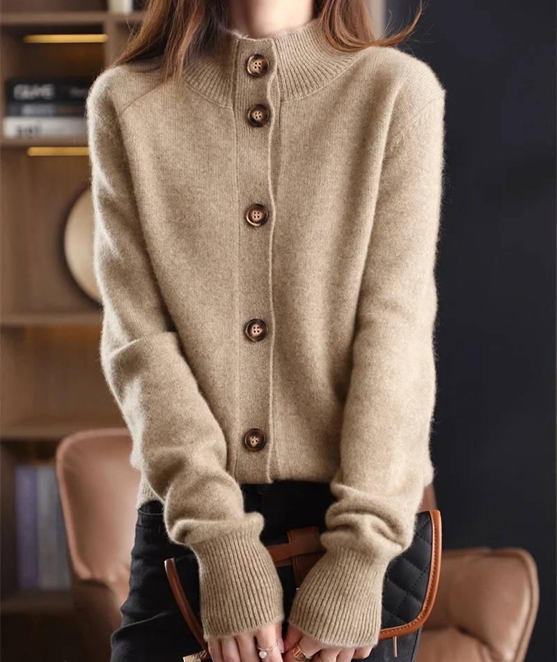 Women's soft knit cardigan with a stand collar and button front - beige