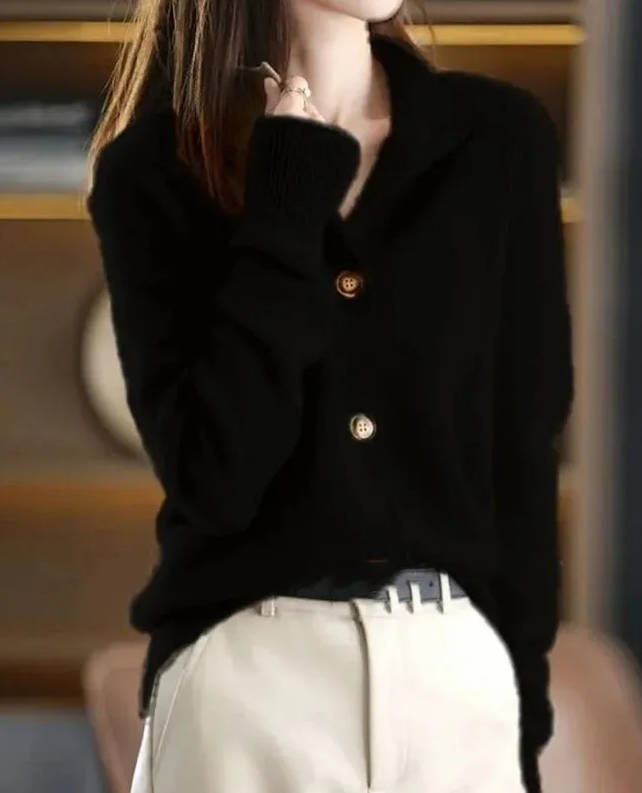 Women's soft knit cardigan with a stand collar and button front - black