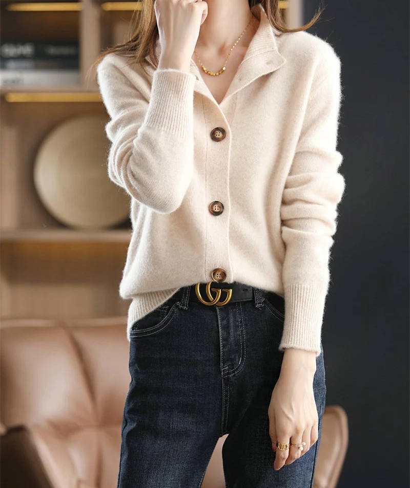 Women's soft knit cardigan with a stand collar and button front