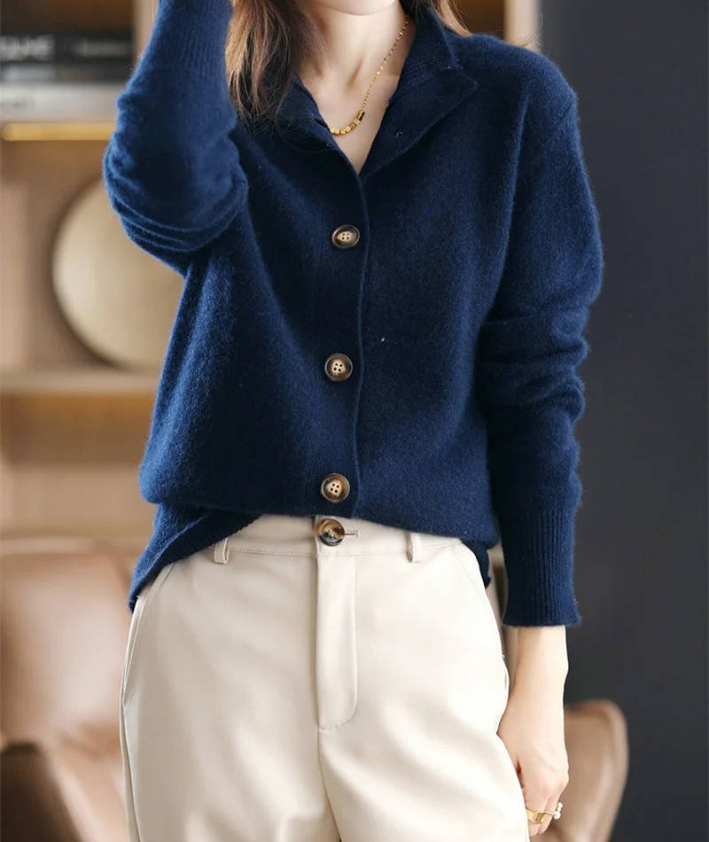 Women's soft knit cardigan with a stand collar and button front
