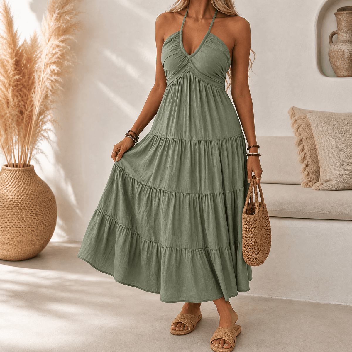 Women's halter tiered maxi dress in Olive Green