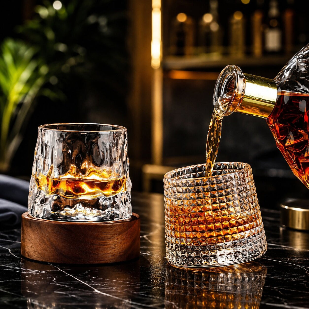 Spinning whisky glass with a rounded base and a wooden coaster - view 2