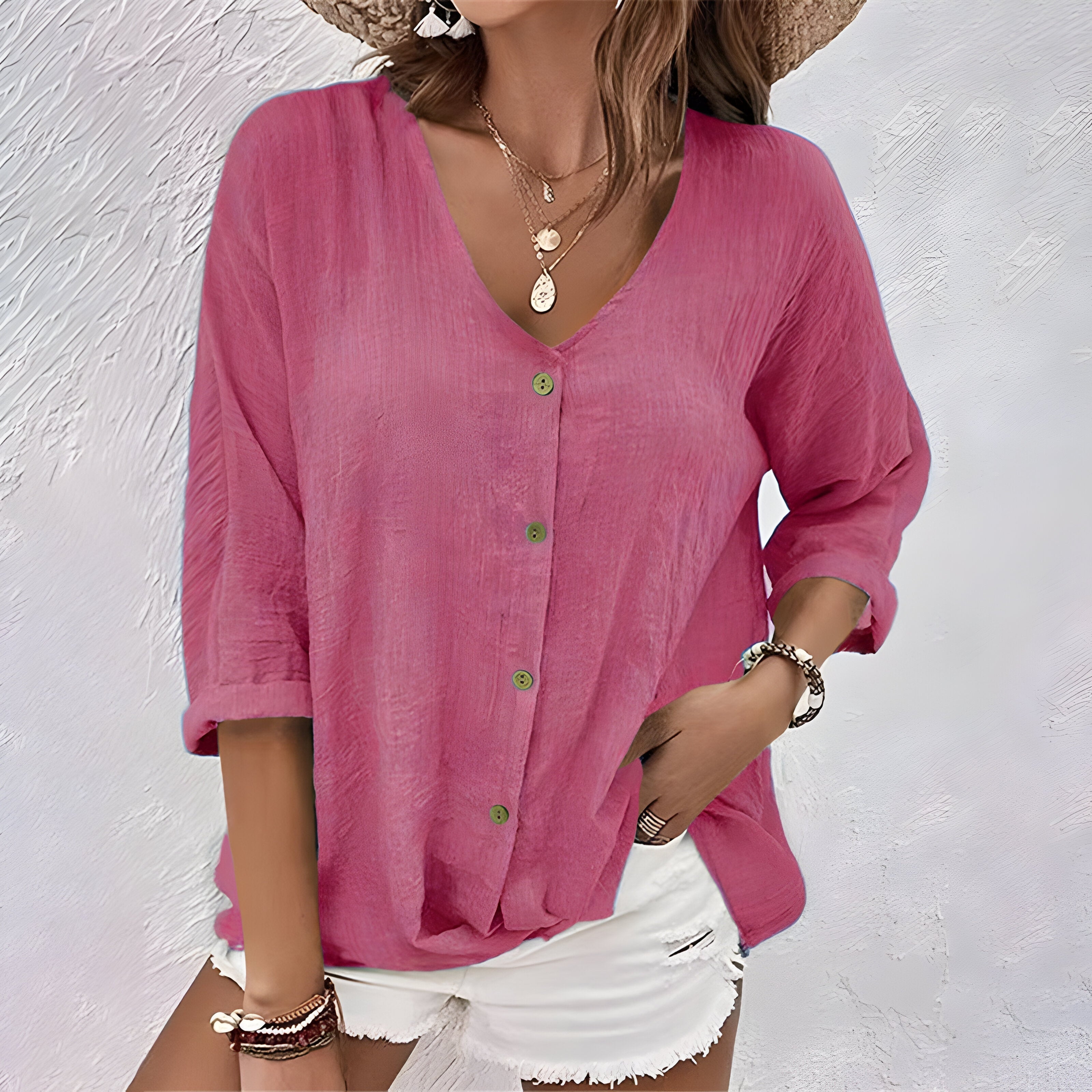 Women's Top - Relaxed Button-Up Blouse in Khaki