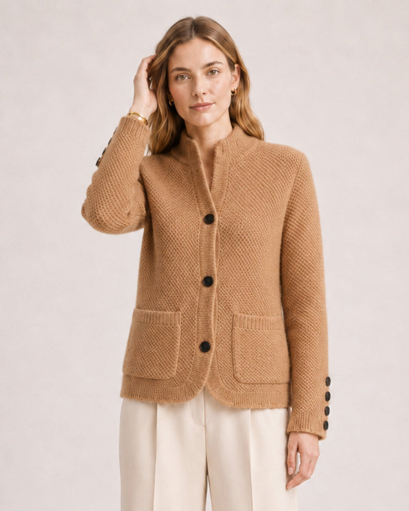 Women's firm knit cardigan with a stand collar and patch pockets - camel