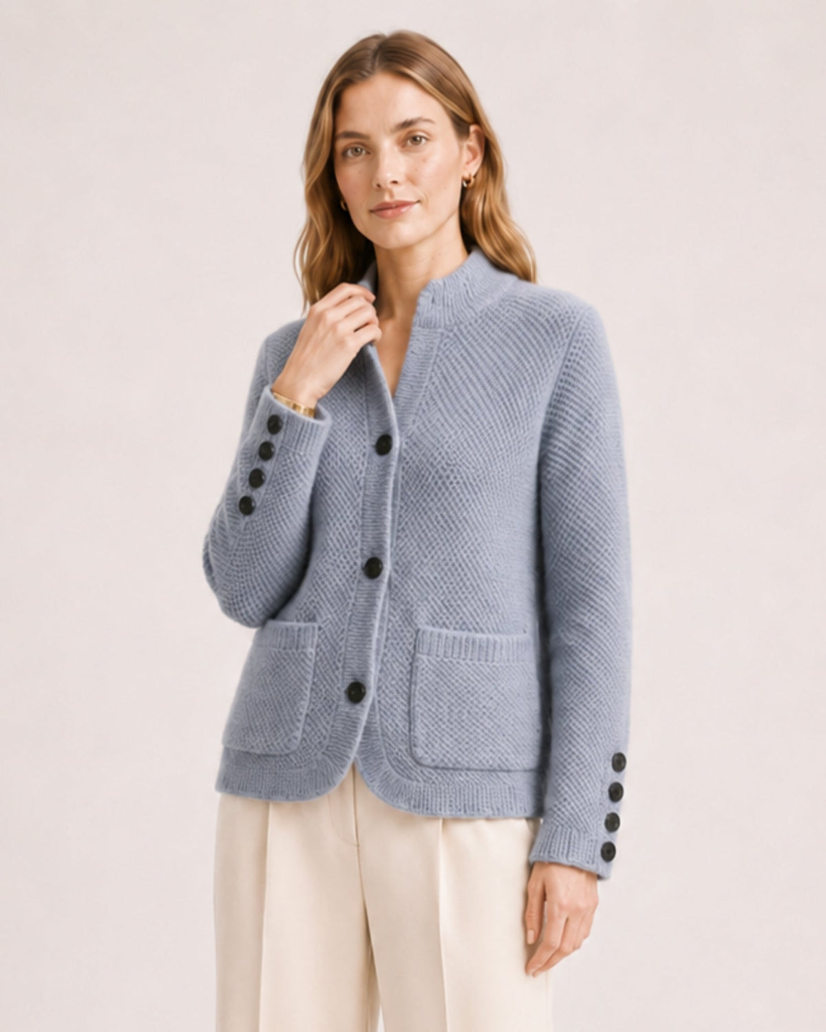 Women's firm knit cardigan with a stand collar and patch pockets - dusty blue