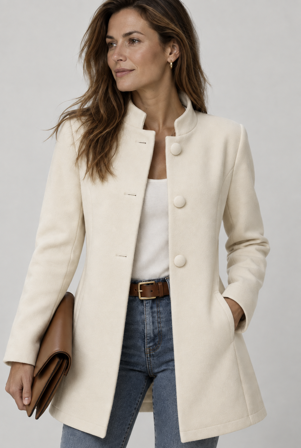 Women's stand collar coat with large buttons - cream