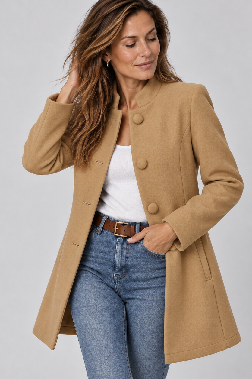 Women's stand collar coat with large buttons - camel