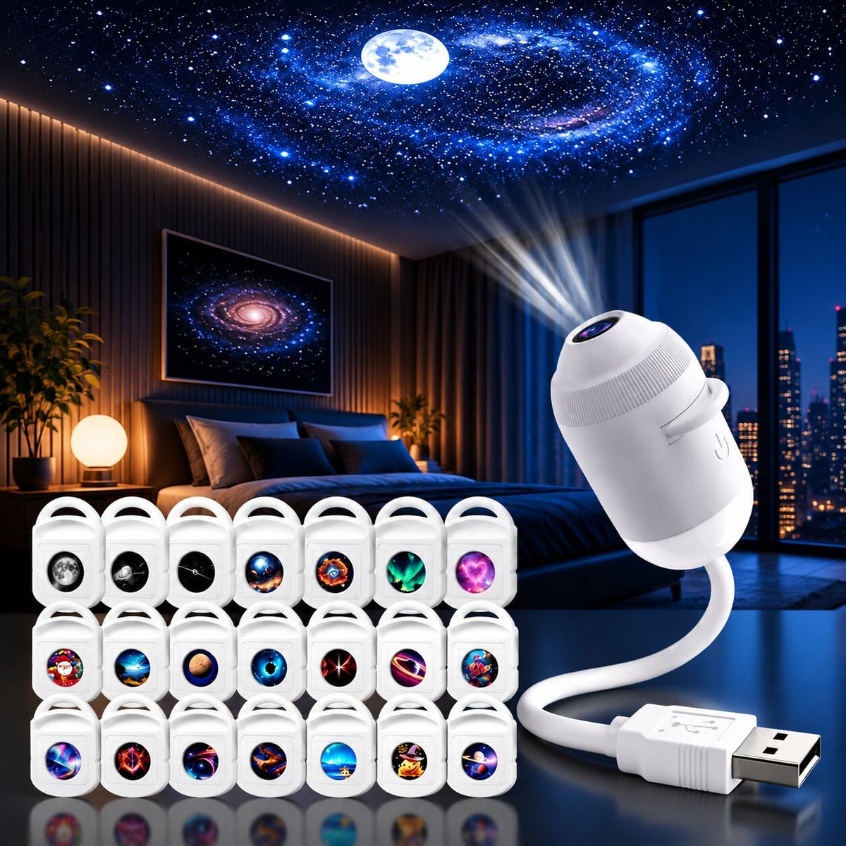 USB starry sky projector with a bendable neck and interchangeable discs - 24 projection discs