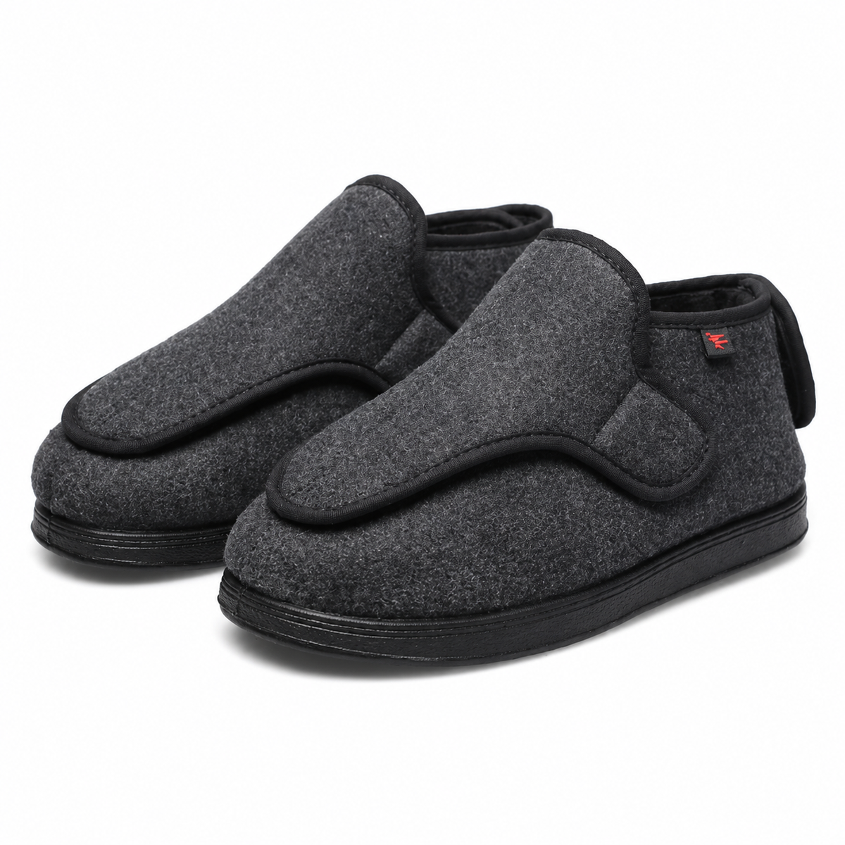 Wide-fit house shoes with an adjustable wrap-over strap and a pull tab in grey