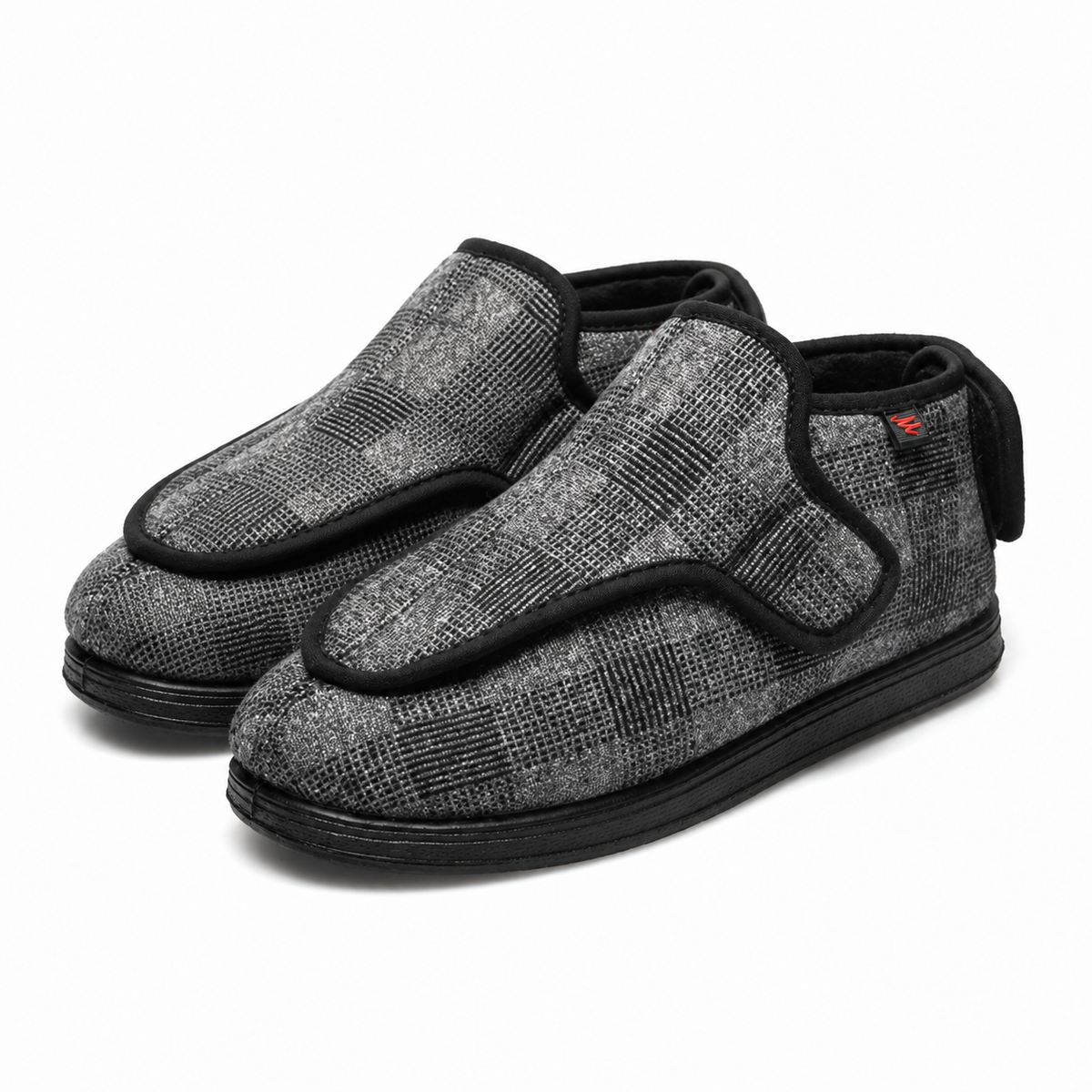 Wide-fit house shoes with an adjustable wrap-over strap and a pull tab in grey check