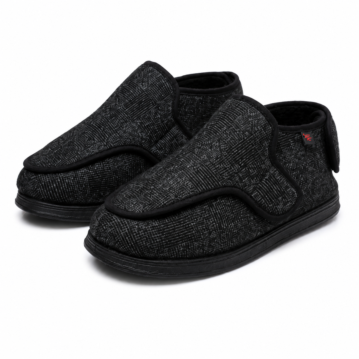 Wide-fit house shoes with an adjustable wrap-over strap and a pull tab in charcoal