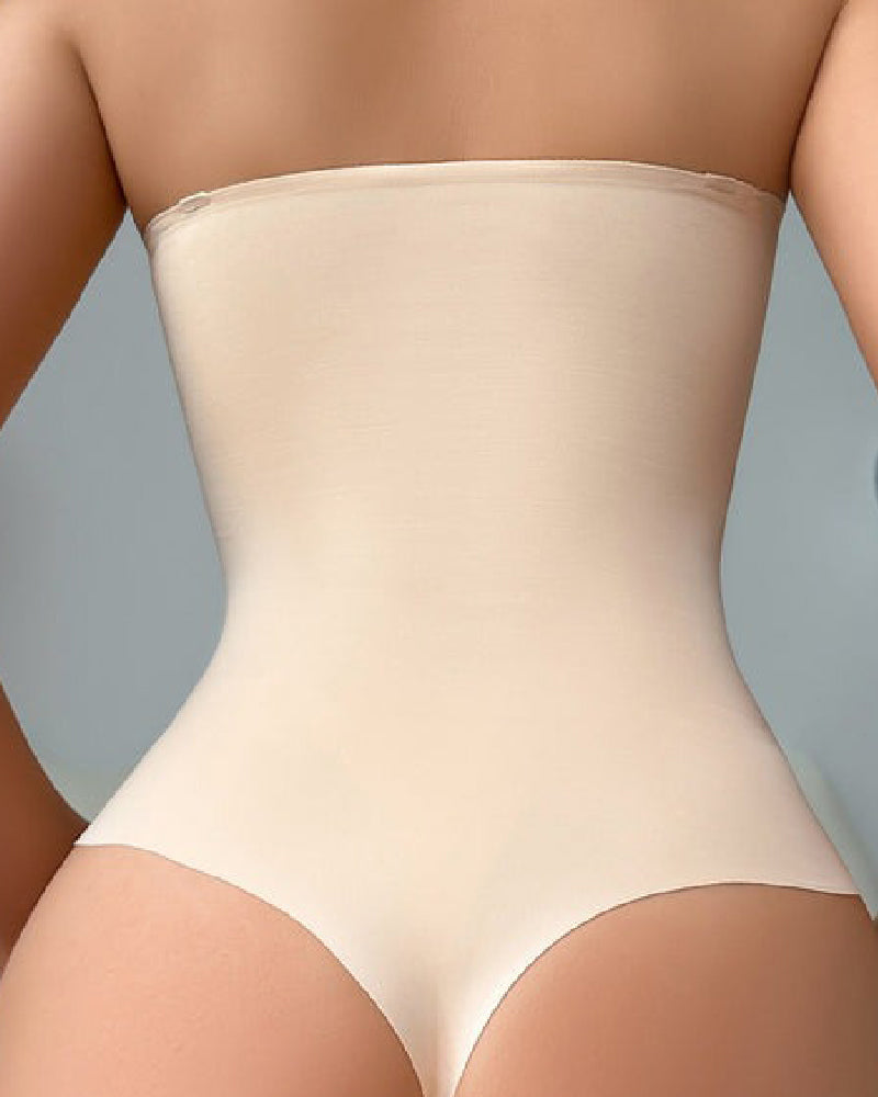 Strapless thong shapewear bodysuit with moulded cups and a hook-and-eye waistband