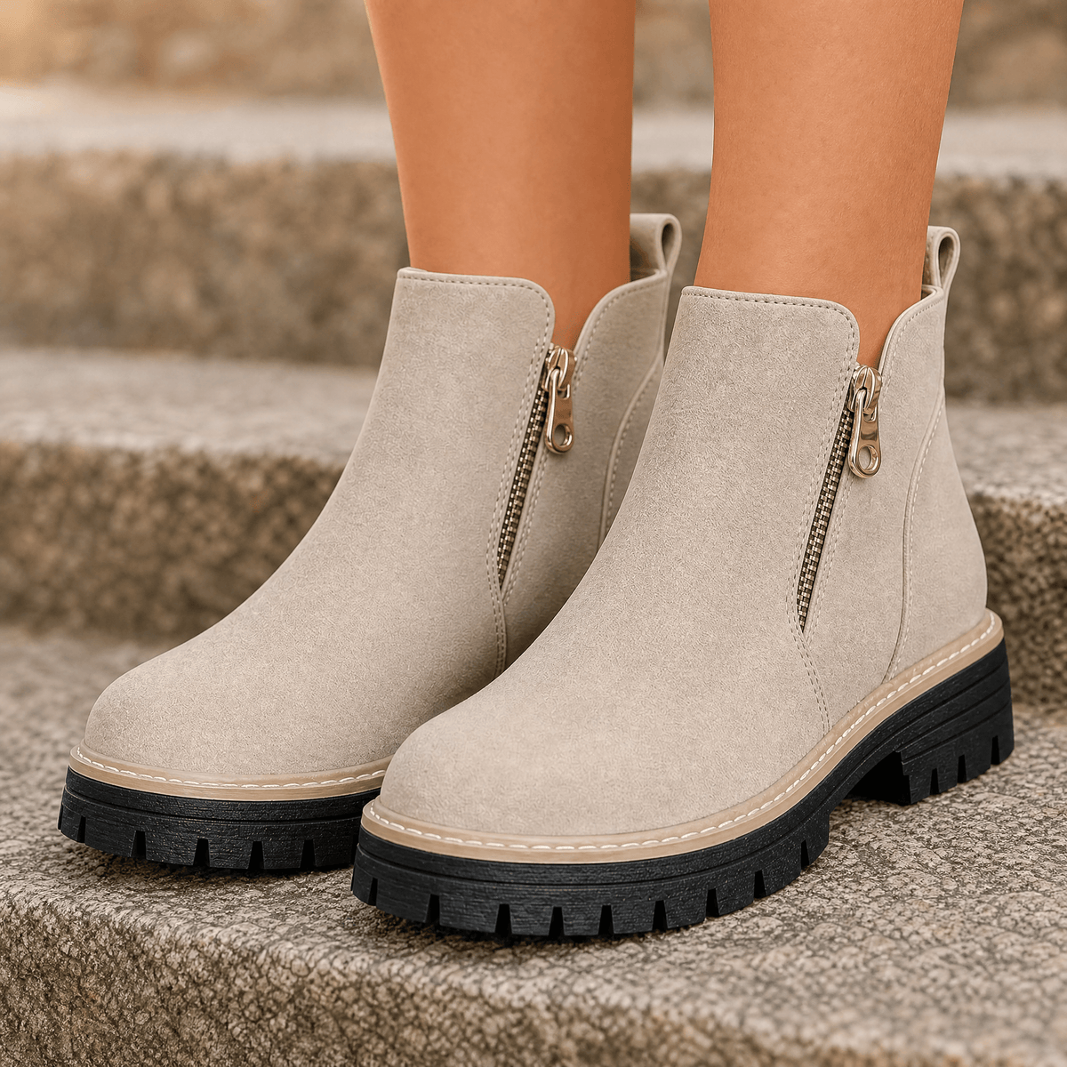 Women's side zip platform ankle boots in Beige