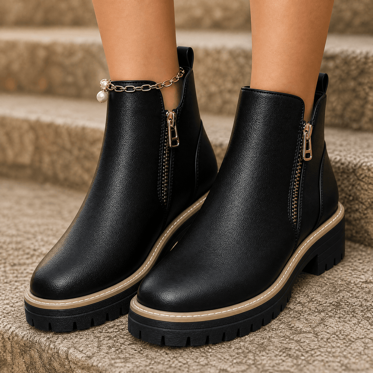 Women's side zip platform ankle boots in Black