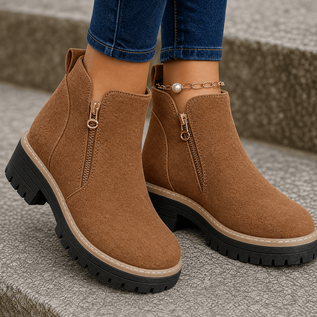 Women's side zip platform ankle boots in Brown
