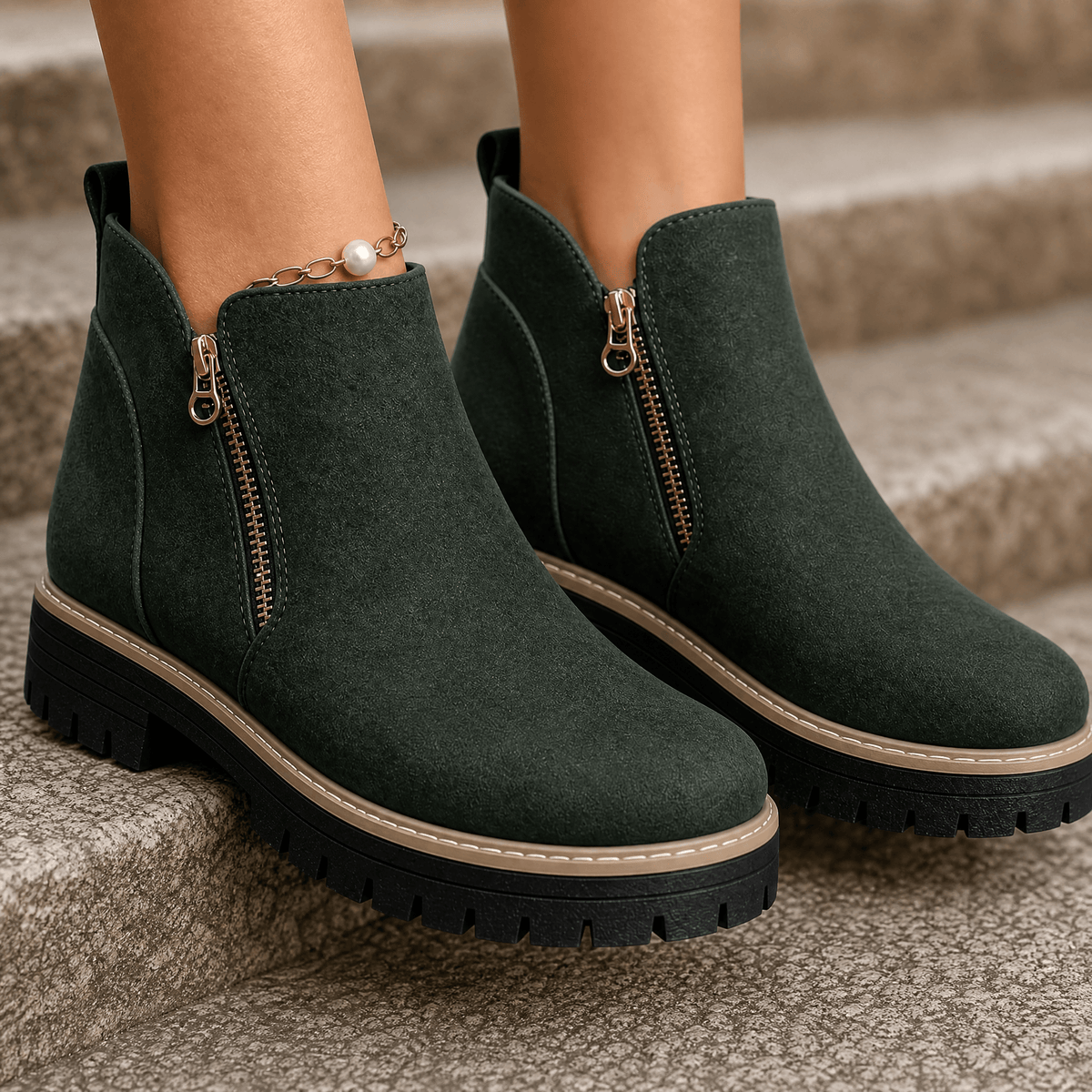 Women's side zip platform ankle boots in Green