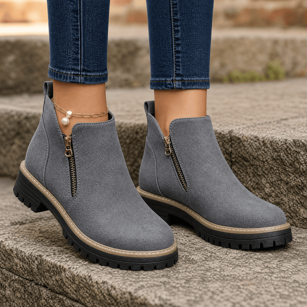 Women's side zip platform ankle boots in Grey