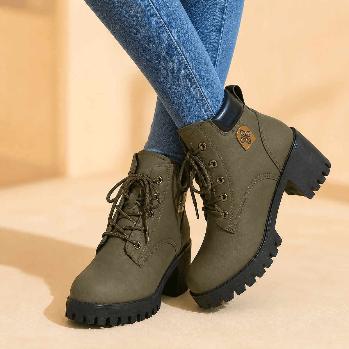 Women's chunky platform lace-up boots in Green