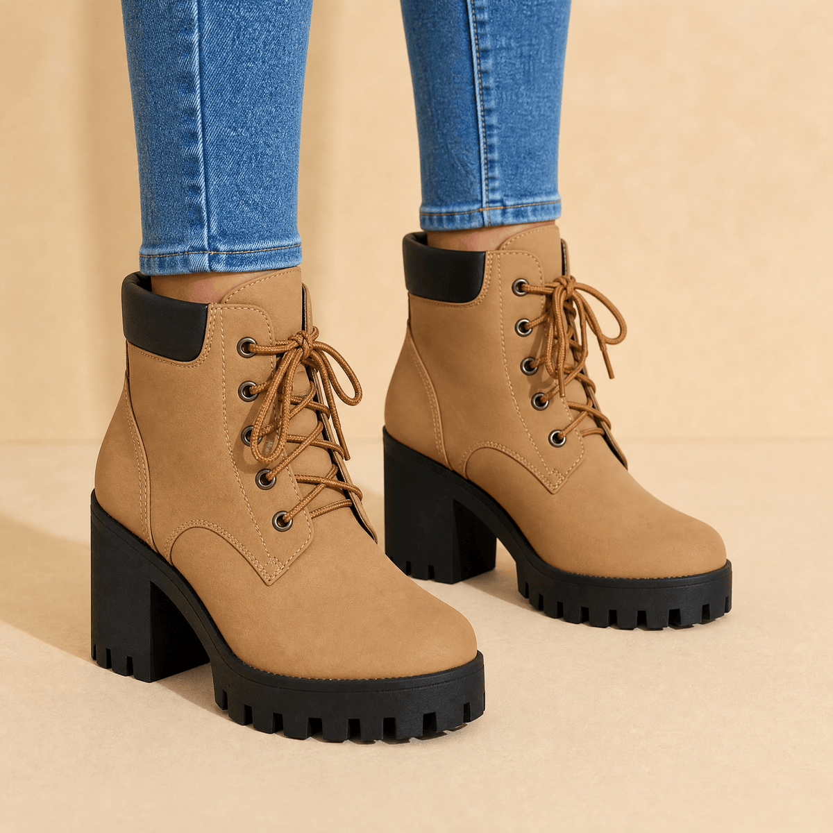 Women's chunky platform lace-up boots in Khaki