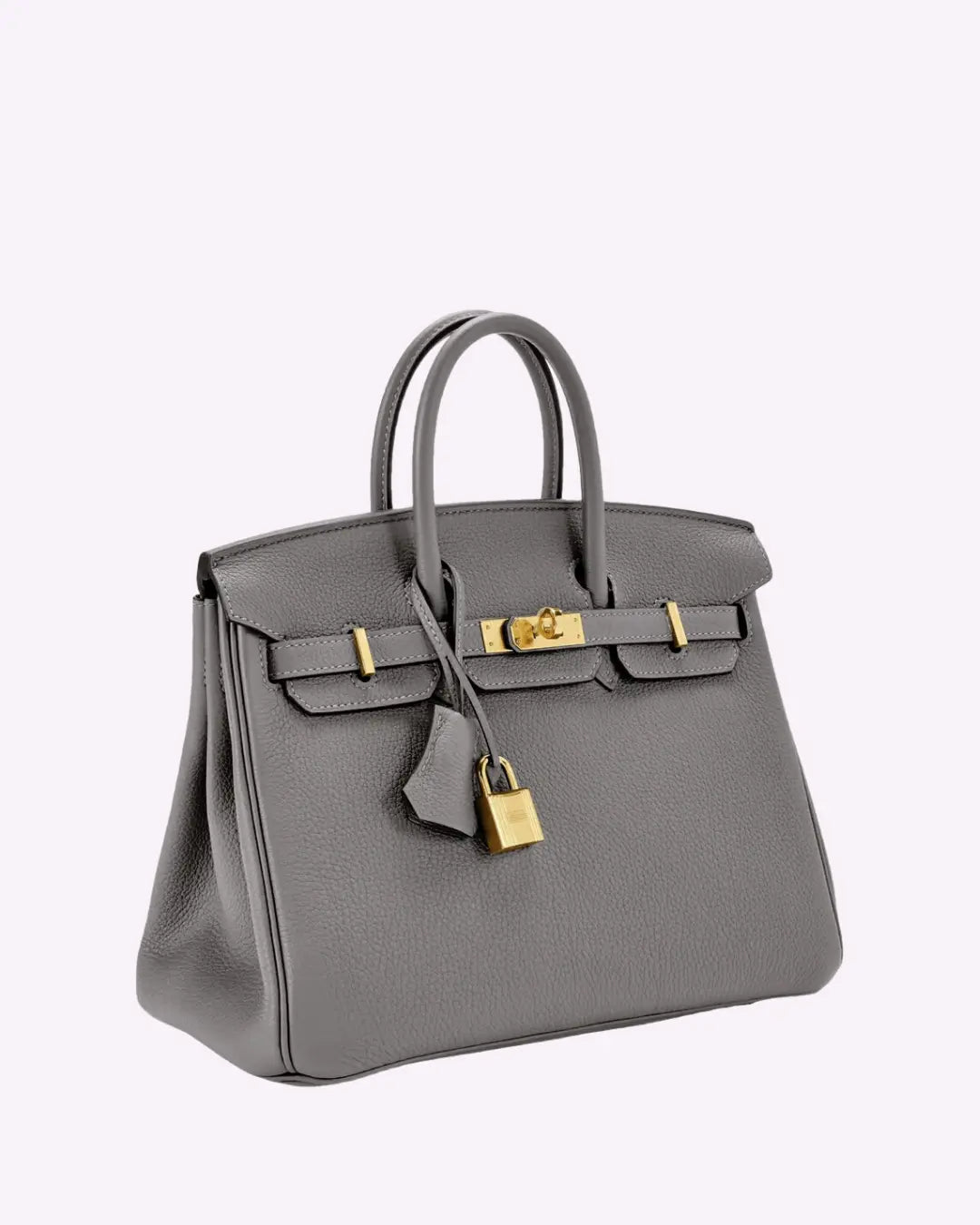 Structured top handle bag with two rolled handles, a flap with turn lock and a padlock - grey