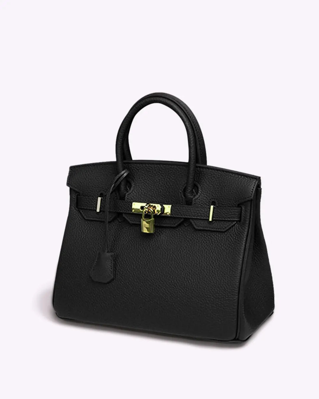Structured top handle bag with two rolled handles, a flap with turn lock and a padlock - black