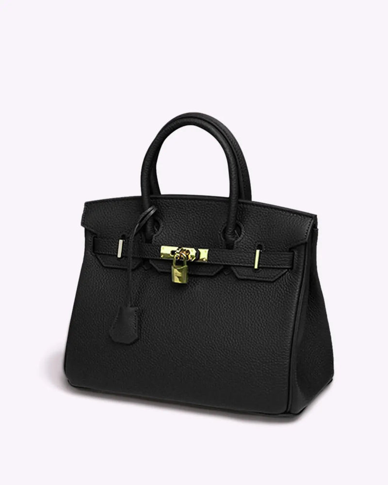Structured top handle bag with two rolled handles, a flap with turn lock and a padlock - black