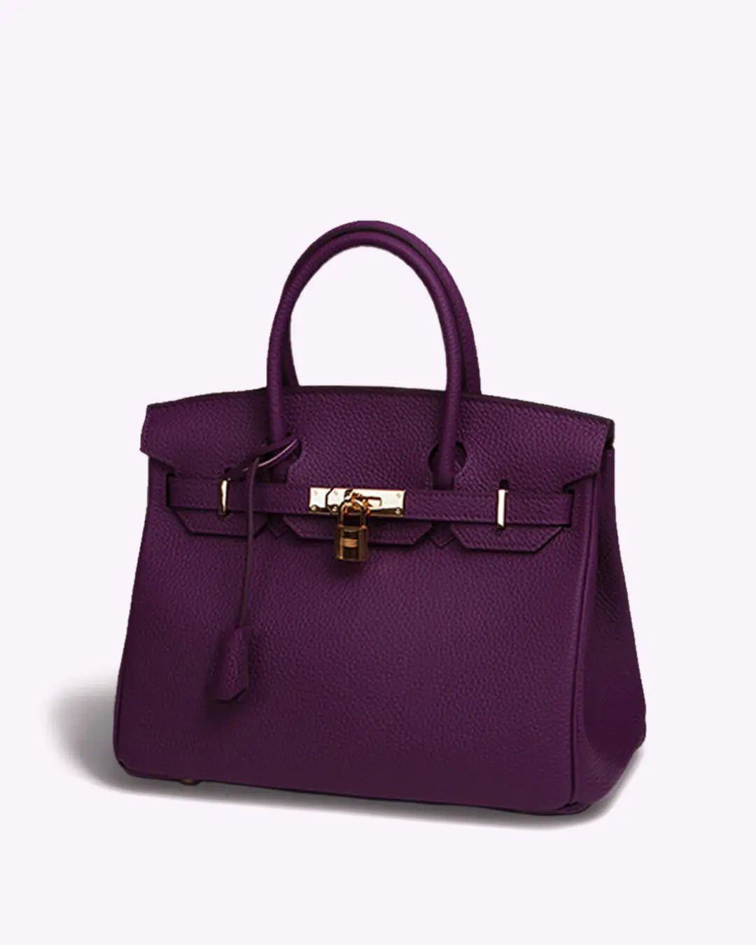 Structured top handle bag with two rolled handles, a flap with turn lock and a padlock - purple