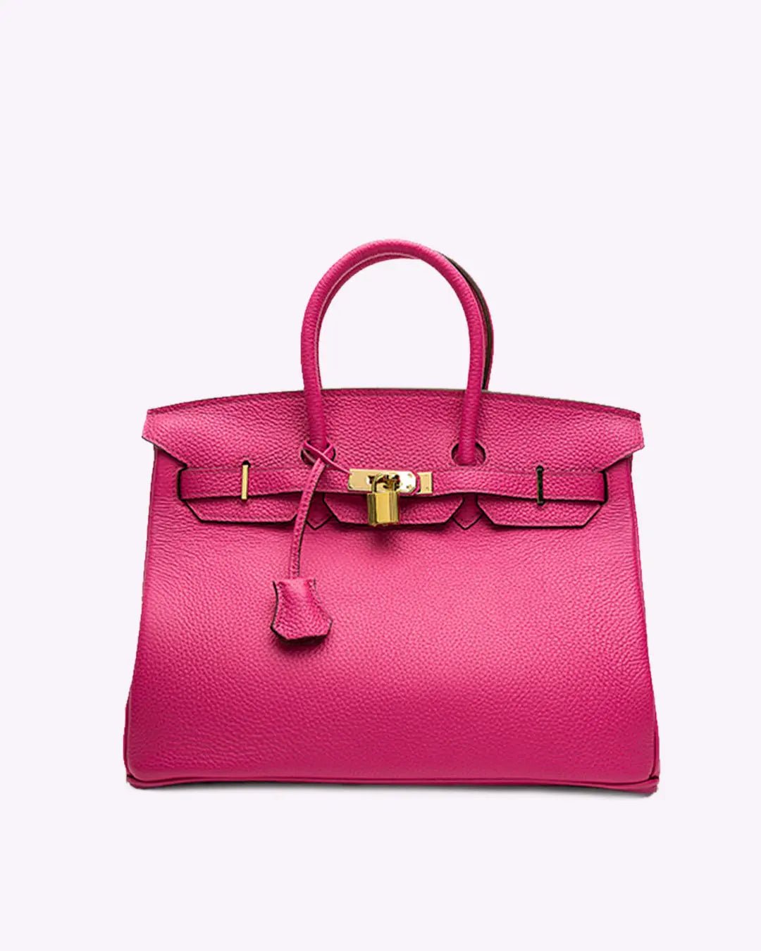 Structured top handle bag with two rolled handles, a flap with turn lock and a padlock - fuchsia