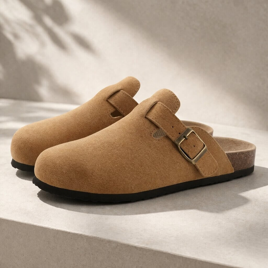 Suede clogs with a cork footbed and buckle strap for women and men - camel