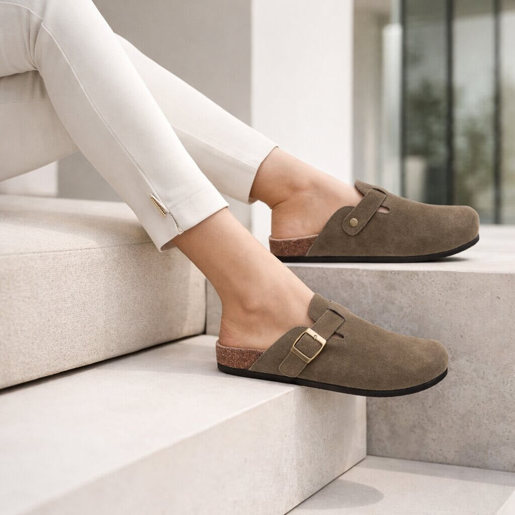 Suede clogs with a cork footbed and buckle strap for women and men - view 4