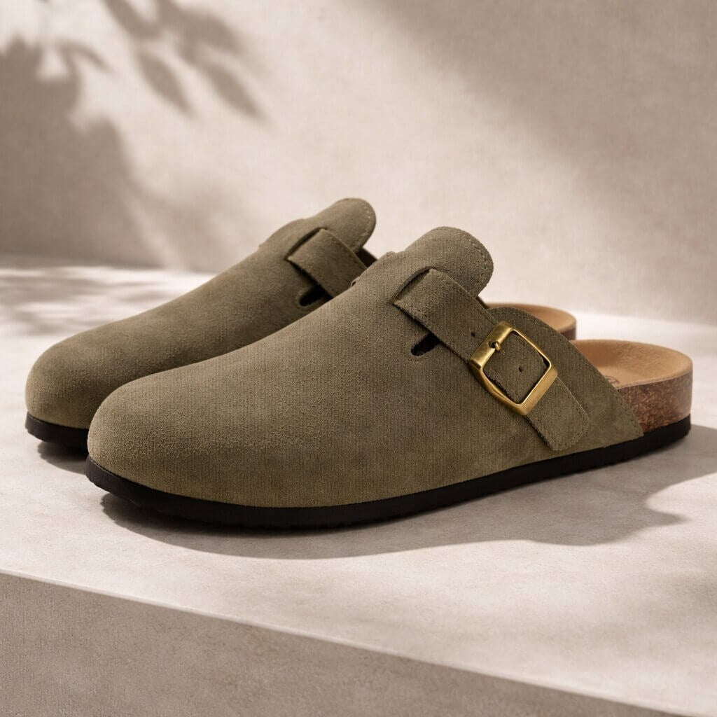 Suede clogs with a cork footbed and buckle strap for women and men - olive green