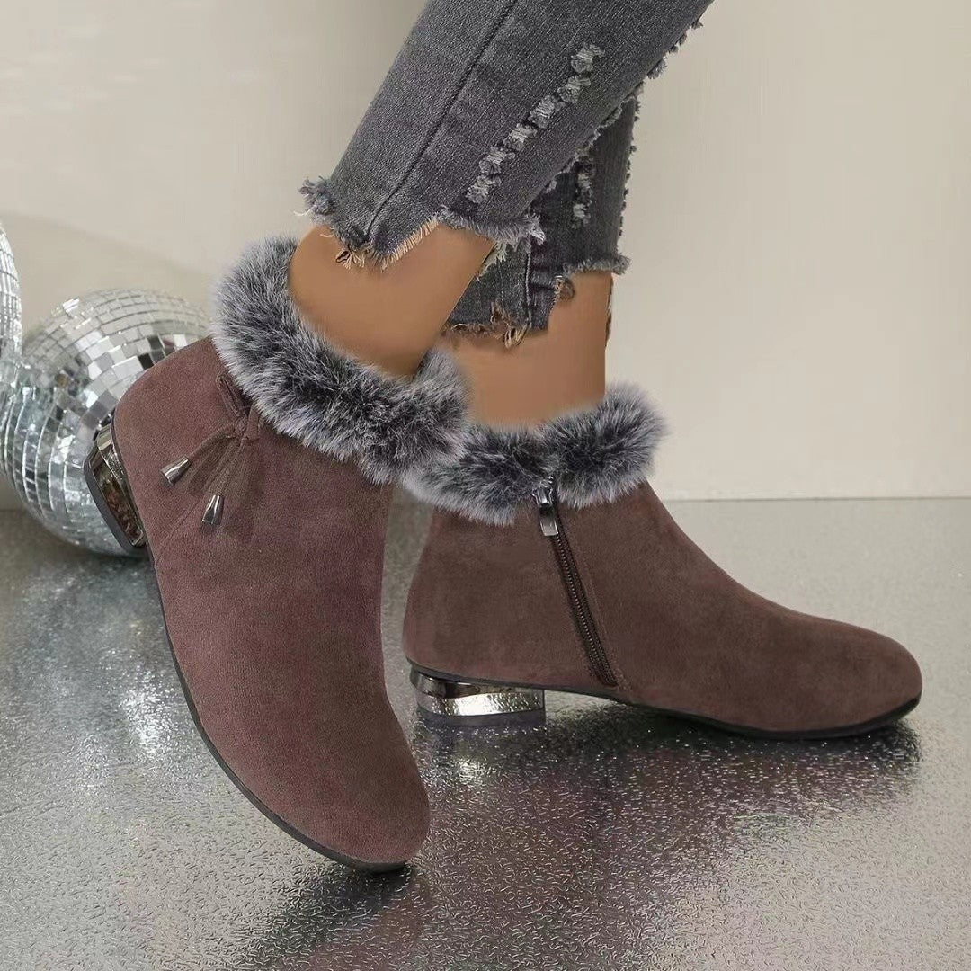 Women's suede-look ankle boots with a faux fur cuff and low heel - brown