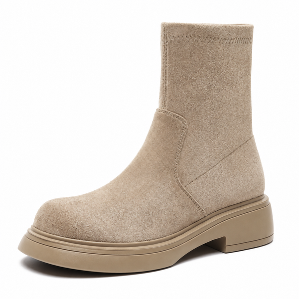 Women's suede-look ankle boots with a round toe and low heel - taupe